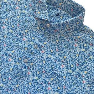 johnnie-O Blue and Yellow AOP Floral Sea Turtles Hawaiian Haalalai Golf Shirt
